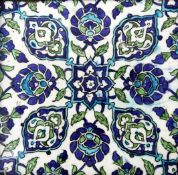 A Damascus pottery tile, Ottoman Syria, c.1600, the white ground decorated in cobalt blue, green and