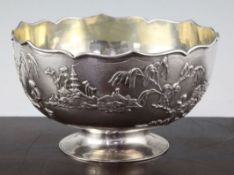 A Chinese silver bowl, by Wang Hing, c.1910, the exterior applied with figures in a landscape with