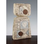 A Troika pottery double slab vase, c.1970, decorated by Marilyn Pascoe with geometric circles,