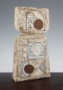 A Troika pottery double slab vase, c.1970, decorated by Marilyn Pascoe with geometric circles,