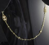 A gold and moonstone oval and bar link necklace, set with six facet cut moonstones, 14in.