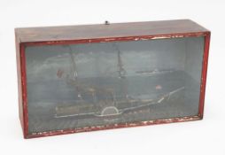 A Victorian cased diorama of a paddle steamer, with twin funnels, overall 24.5in.