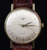 A gentleman's early 1960's 18ct gold Longines automatic wrist watch, with brushed dial and baton