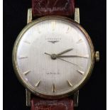 A gentleman's early 1960's 18ct gold Longines automatic wrist watch, with brushed dial and baton