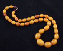 A single strand graduated amber oval bead necklace, with yellow metal clasp flanked by two simulated