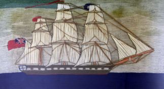 A Victorian woolwork picture, depicting a three mast ship at full sail, framed and glazed, overall