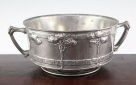 A Liberty Tudric two handled rose bowl, no.011, designed by David Veazey, relief carved with rose