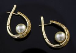 A pair of Italian 18ct gold, cultured pearl and citrine set hoop earrings, 1.25in.