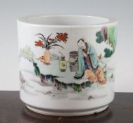 A Chinese famille verte brush pot, probably late 19th century, painted with a sage and attendant