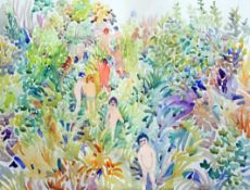 Fred Yates (1922-2008)watercolour,Nudes in the bushes,studio stamp verso,22 x 30in.