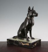 A French Art Deco patinated bronze model of a seated hound, on a rectangular onyx and marble base,