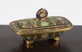 A Chinese cloisonne enamel and gilt copper dish and cover, early 20th century, of oblong form, the