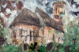 § John Piper (1903-1992)watercolour / mixed media,'Hales, Norfolk', signed, titled and dated 8/6/84,