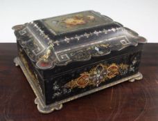 A Victorian japanned papier mache sewing box, mid 19th century, the gilt decorated abalone inlaid