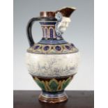 An Amphora pottery ewer, late 19th century, the ovoid body scratch blue decorated in Hannah Barlow