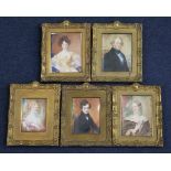 Victorian Schoolset of 5 oils on ivory,Miniatures of the Kerr family,largest 5 x 3.75in.