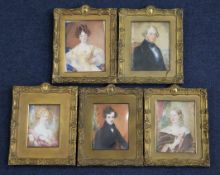 Victorian Schoolset of 5 oils on ivory,Miniatures of the Kerr family,largest 5 x 3.75in.