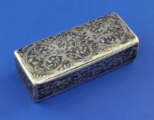 A 19th century Russian 84 zolotnik silver and niello snuff box, of rectangular form, decorated