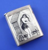 An Edwardian silver and enamel rectangular vesta case decorated with a semi-nude bathing beauty by