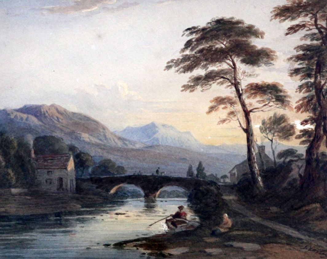John Varley (1778-1842)watercolour,View of Moel Hebog with Beddgelert Bridge in the foreground,