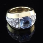 A 1940's continental 18ct gold, aquamarine and diamond dress ring, with rose cut diamond set