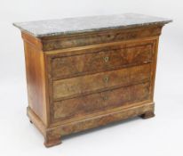 A French 19th century walnut marble top commode, with cushion frieze drawer above three long drawers