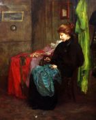 M J Bulekin (19th C.) Interior with woman sewing, 29 x 24in. M J Bulekin (19th C.)oil on canvas,