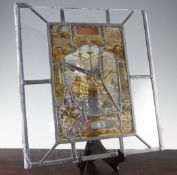 An antique stained glass panel, 18 x 17in. restored An antique stained glass panel, with central