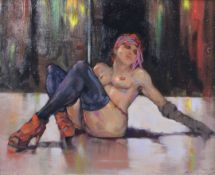 Ken Moroney (b.1949) Pole dancer, 7.5 x 9.25in. Ken Moroney (b.1949)oil on card,Pole dancer,signed,