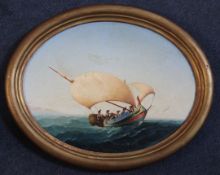 Attributed to Luigi M Galea Maltese fishing boat at sea, oval, 8 x 10.5in. Attributed to Luigi M