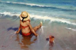 Ken Moroney (b.1949) Child on the seashore, 6.5 x 10in. Ken Moroney (b.1949)oil on board,Child on