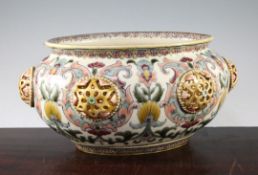 A Zsolnay Pecs pottery Persian inspired oval jardiniere, late 19th century, 29cm, slight