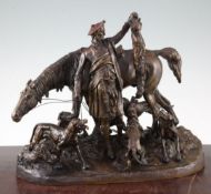 After P.J. Mene. A patinated bronze group of a Scottish hunter, 'The Kill', 14.5in. After P.J. Mene.