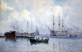 Martin Snape (fl.1874-1901) HMS Victory in harbour, 9.75 x 15.25in. Martin Snape (fl.1874-1901)