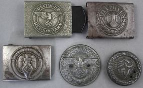 Five German Third Reich belt buckles, Five German Third Reich belt buckles, including two Reichsbahn