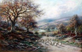 John MacWhirter (1839-1911) Shepherd and flock in a landscape, 12 x 18in. John MacWhirter (1839-