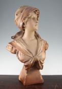 An early 20th century French terracotta bust of a young lady, 21in. An early 20th century French