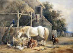 Henry Earp Snr (1831-1914) Horse, donkeys and a peacock beside a stable, 9.5 x 13.5in. Henry Earp