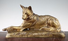 L. Riche. A gold patinated bronze model of a seated Alsatian, 21in. L. Riche. A gold patinated