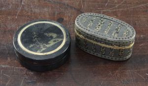 Two snuff boxes A 19th century continental oval tortoiseshell, silver and gold inlaid snuff box,