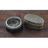 Two snuff boxes A 19th century continental oval tortoiseshell, silver and gold inlaid snuff box,