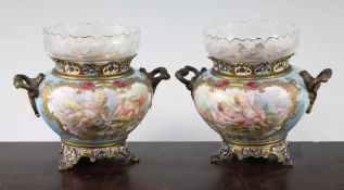 A pair of Sevres style porcelain champleve enamel and gilt brass mounted vases, c.1900, 14cm x