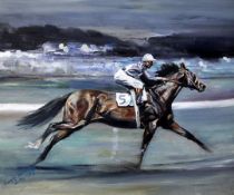 Sarah Ponsonby (1943-) Jockey and racehorse in motion, 20 x 24in. Sarah Ponsonby (1943-)oil on