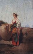 M Fortuny Woman on a terrace beside an urn, 11.5 x 7.25in. M Fortunyoil on wooden panel,Woman on a