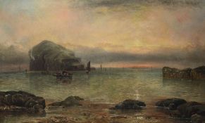 English School c.1890 Coastal landscape with shipping and Bass Rock in the distance, 30 x 48in.