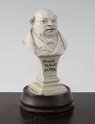 A Martin Brothers stoneware bust of Samuel Pickwick, dated 1906, 10.5cm, stuck to a wooden base A