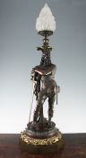 A 19th century figural bronze lamp, H.2ft 10in. A 19th century figural bronze lamp, modelled as a