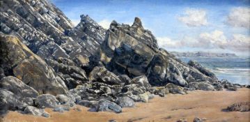 John Brett (1831-1902) Coastal view, 6.5 x 13.5in. John Brett (1831-1902)oil on canvas,Coastal