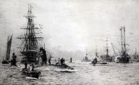 William Lionel Wyllie (1851-1931) HMS Victory and submarines in Portsmouth Harbour, 8.75 x 14.