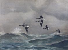 Keith Shackleton (1923-) Geese in flight over the sea, 20 x 27in. Keith Shackleton (1923-)oil on